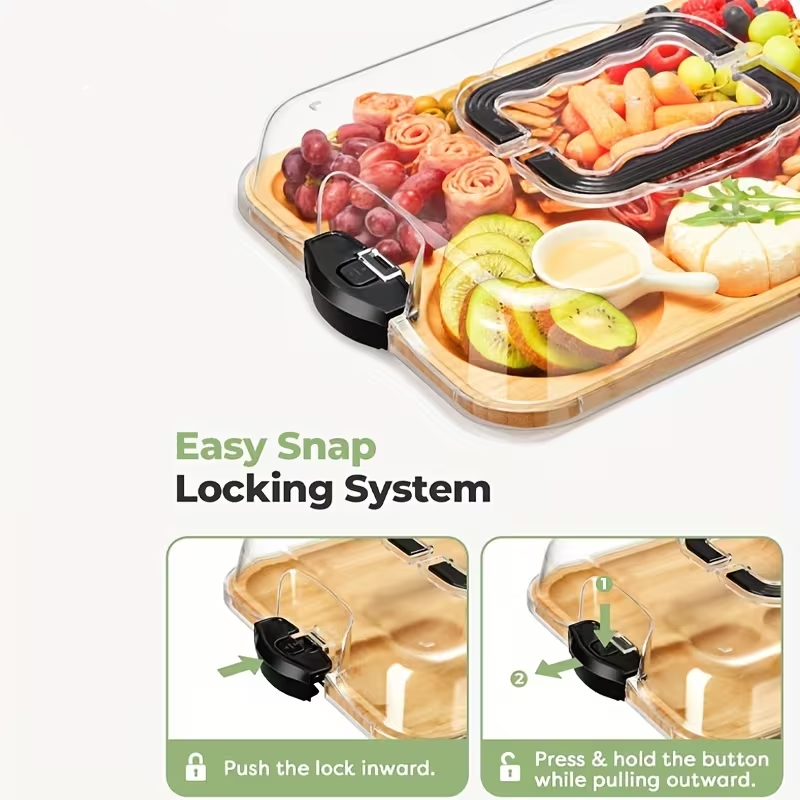 Maisto padėklas iš bambuko su uždaromu akriliniu dangčiu